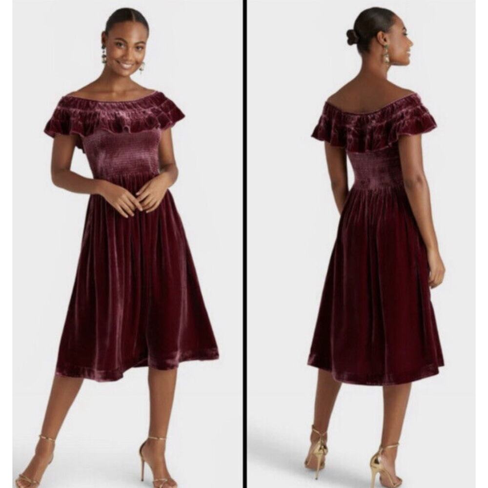 Hill House Women's The Akilah Nap Midi Ruffle Dress Burgundy Velvet Small